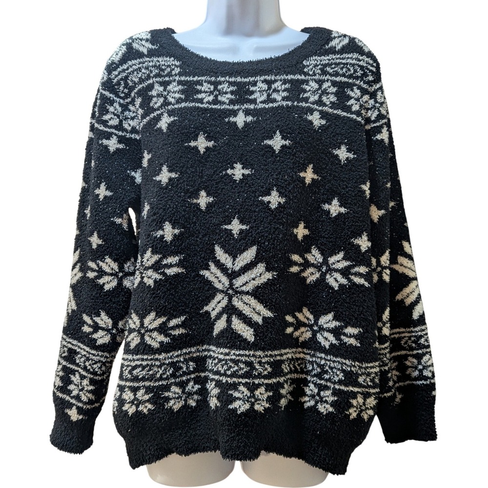 Barefoot Dreams CozyChic Seaside Snowflake Pullover Sweater Black White Large